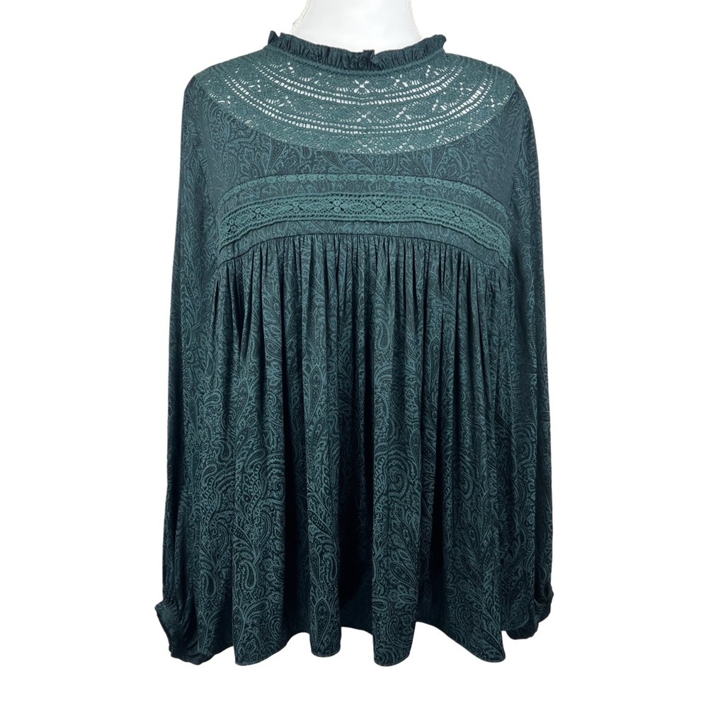 Gentle Fawn Size Medium Teal Paisley Boho Blouse Lace Yoke Flowy Shirt Top - Picture 3 of 7